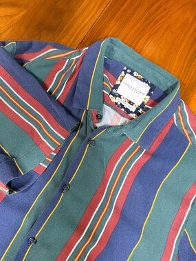 Denim & Flower Men's Multistripe Button-up  Shirt in Green Blue Red large